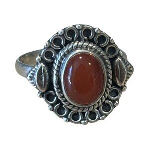 Sterling Silver 925 Carnelian Red/orange Ornate Oval Ring Size 6 Southwest Boho